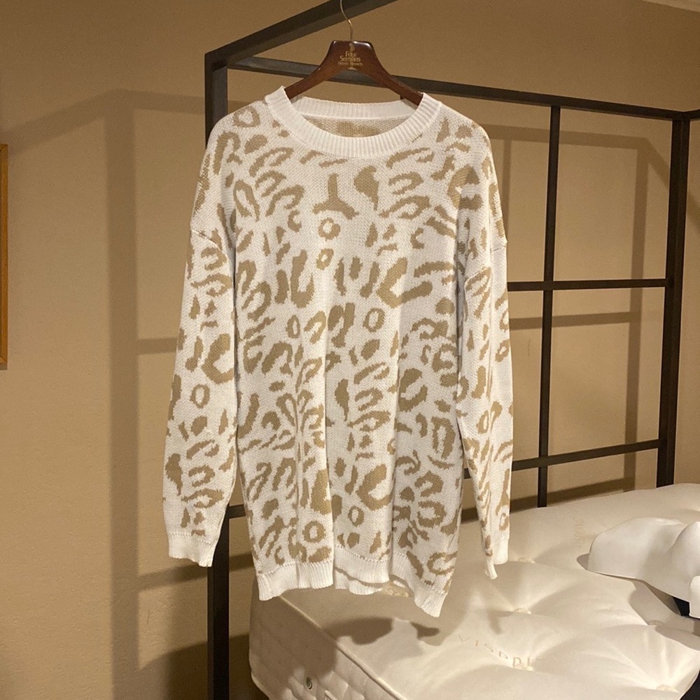 White and tan leopard print sweater dress